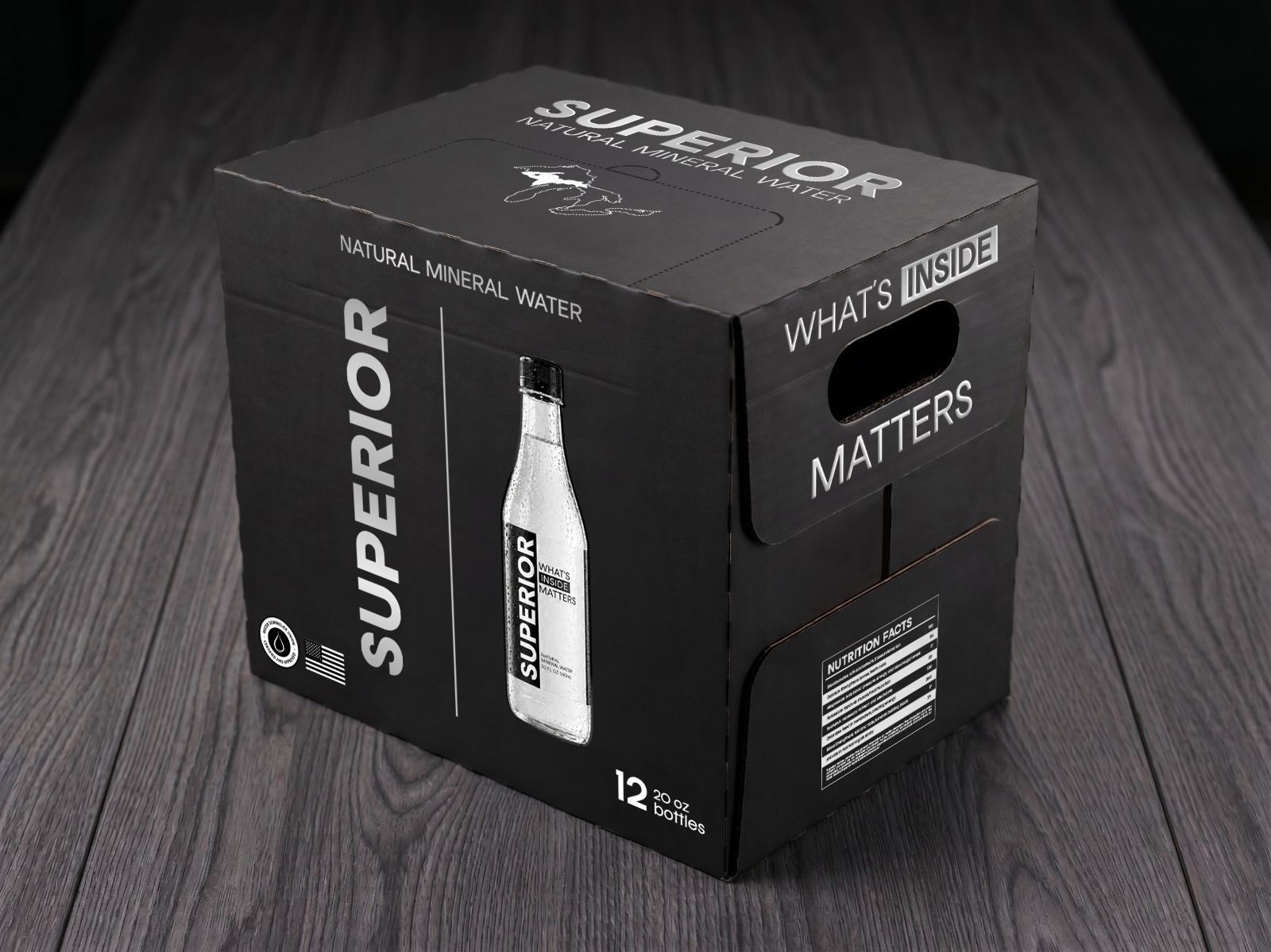 A SUPERIOR 12-pack carton of 20 oz bottles — matte black with the SUPERIOR wordmark, the tagline 'What's Inside Matters', the Great Lakes mark, USA and microplastic-free seals, and a Nutrition Facts panel.